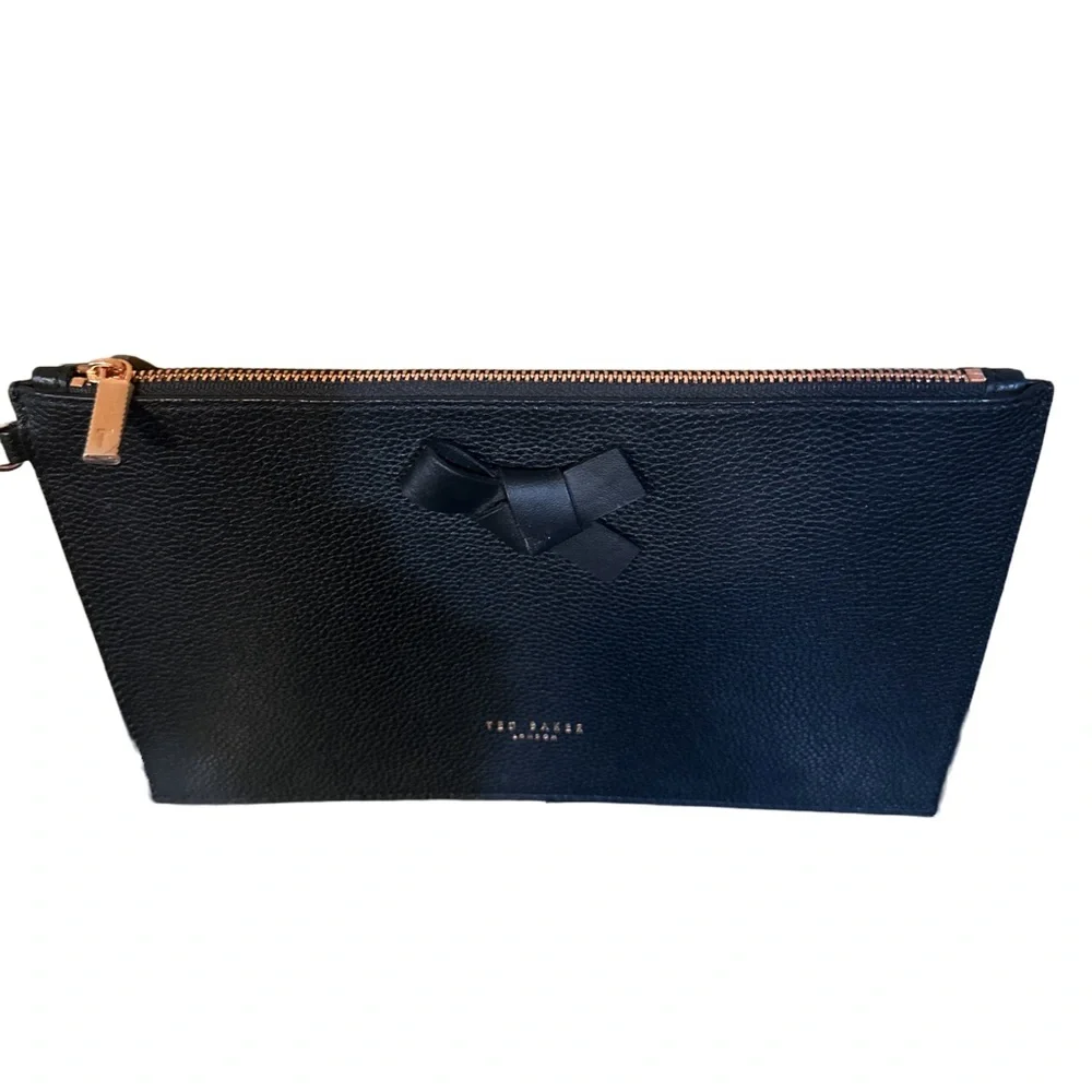 Ted Baker London Black Pebbled Leather Bow Clutch Cosmetic Bag NWOT
